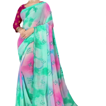 Georgette Sequence Butterfly Embroideried Cut-Work Saree