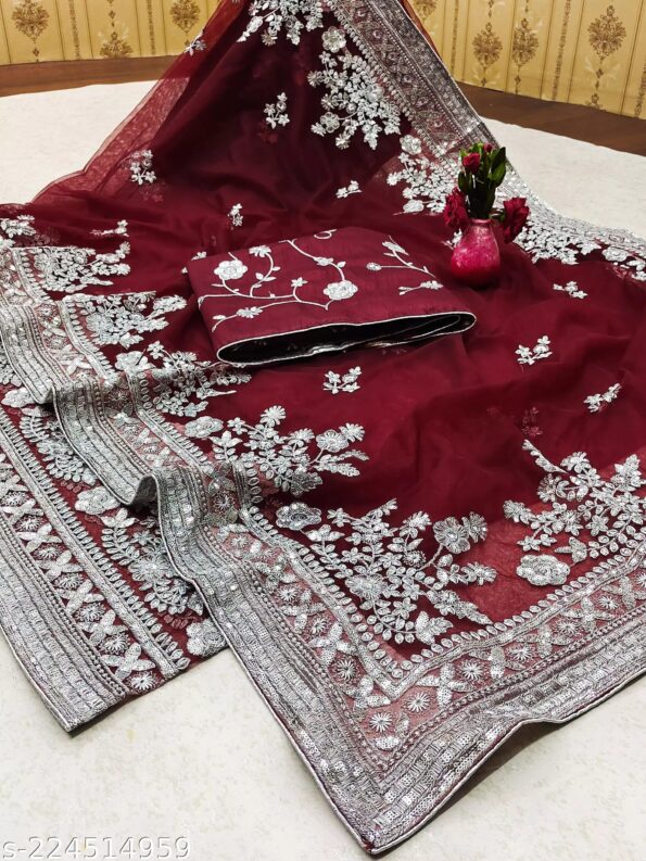 Net Silver Embroideried Sequence Work with Blouse Work