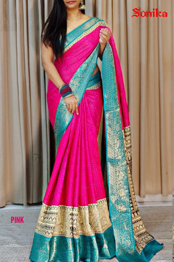 Printed Dola Silk Checkered Saree