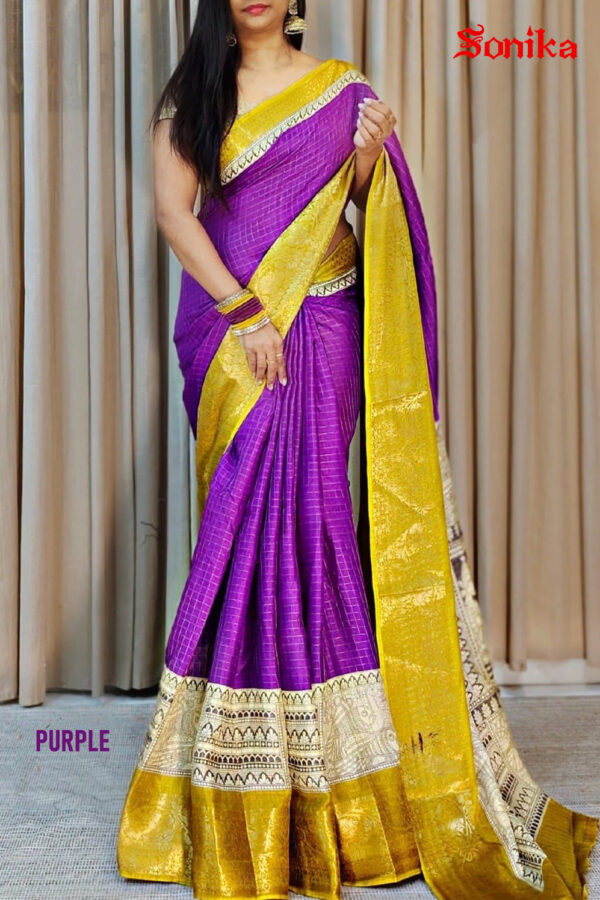 Printed Dola Silk Checkered Saree