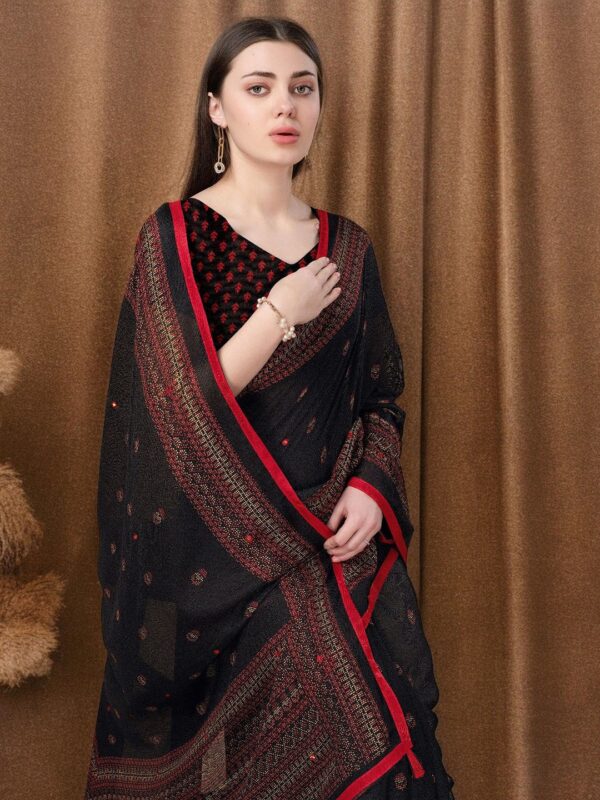 Jute Printed Saree with Mirror Work - Image 4