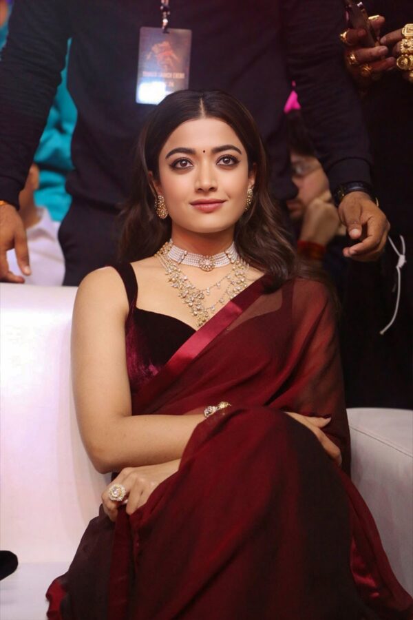 Rashmika Mandanna Pushpa 2 Promotion Maroon Saree with Velvet Blouse