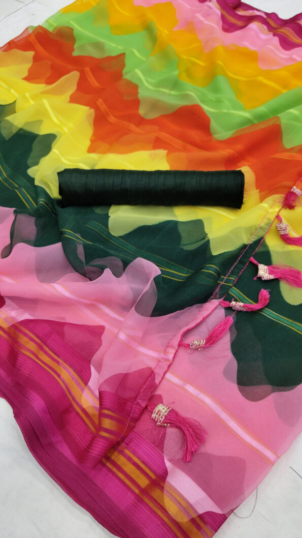 Georgette Rainbow Colour Saree with Tassels on Pallu