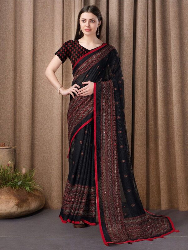 Jute Printed Saree with Mirror Work