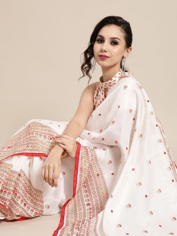 Trending Off White Jute Printed Saree with Mirror Work - Image 3