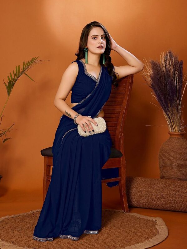 Plain Georgette Saree with Mirror Lace - Image 3