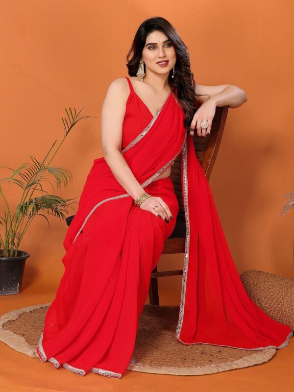 Plain Georgette Saree with Mirror Lace - Image 3