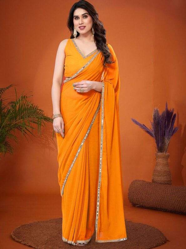 Plain Georgette Saree with Mirror Lace