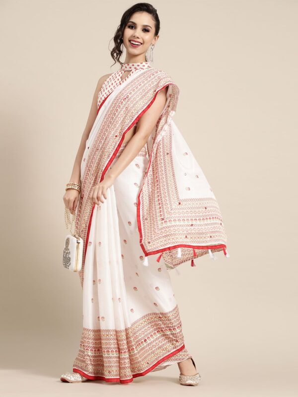 Trending Off White Jute Printed Saree with Mirror Work