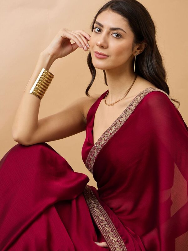 Satin Chiffon Saree with Embroideried Lace Border - Image 3