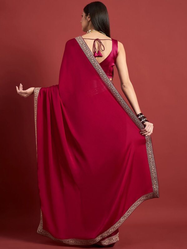 Satin Chiffon Saree with Embroideried Lace Border - Image 2