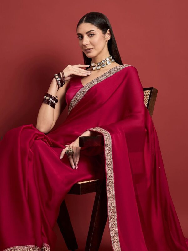 Satin Chiffon Saree with Embroideried Lace Border - Image 3