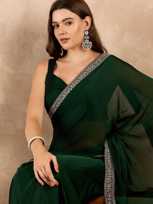 Satin Chiffon Saree with Embroideried Lace Border - Image 3