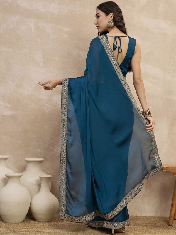 Satin Chiffon Saree with Embroideried Lace Border - Image 2