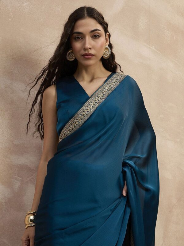 Satin Chiffon Saree with Embroideried Lace Border - Image 3