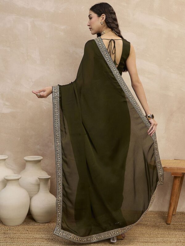 Satin Chiffon Saree with Embroideried Lace Border - Image 2