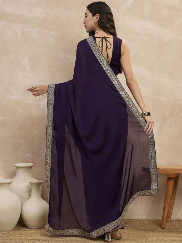 Satin Chiffon Saree with Embroideried Lace Border - Image 2