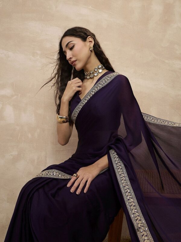 Satin Chiffon Saree with Embroideried Lace Border - Image 3