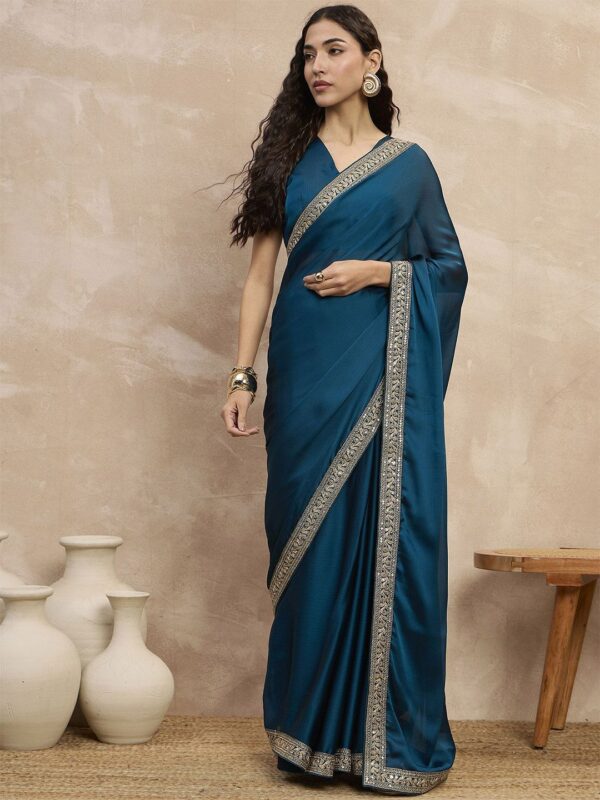 Satin Chiffon Saree with Embroideried Lace Border