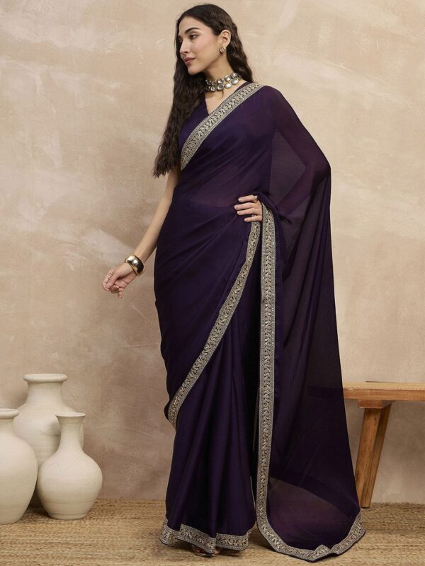 Satin Chiffon Saree with Embroideried Lace Border