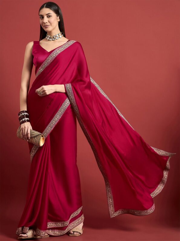 Satin Chiffon Saree with Embroideried Lace Border