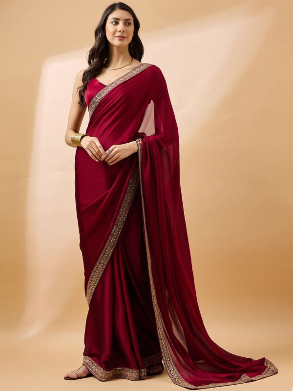 Satin Chiffon Saree with Embroideried Lace Border