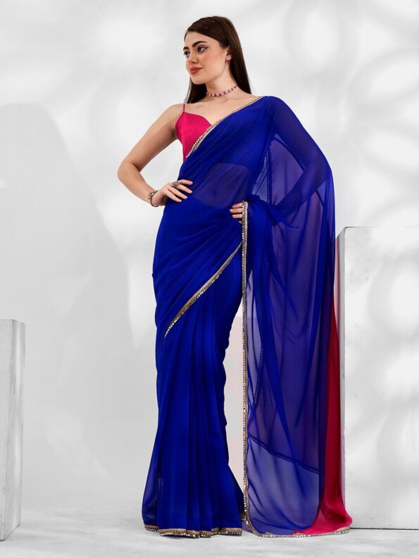 Georgette Cut-Paste Saree with Mirror Lace - Image 5