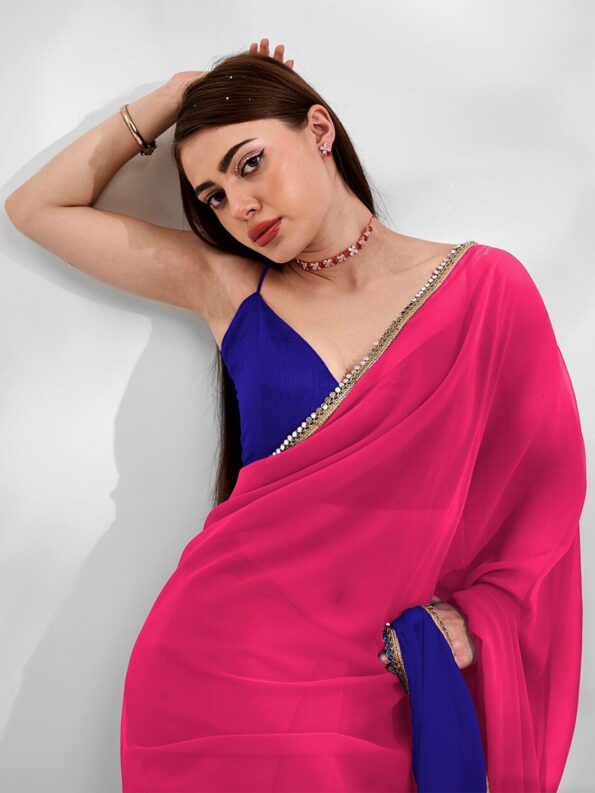 Georgette Cut-Paste Saree with Mirror Lace - Image 3