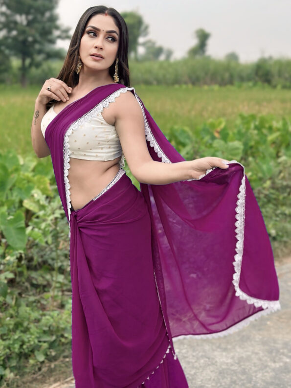 Georgette Saree with White Cotton Lace and Fancy Blouse