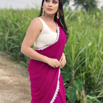 Georgette Saree with White Cotton Lace and Fancy Blouse