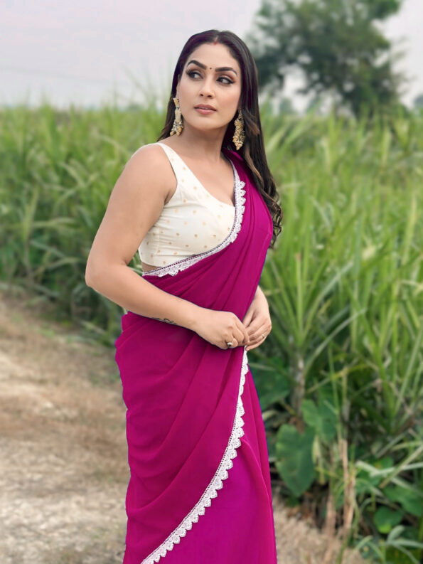 Georgette Saree with White Cotton Lace and Fancy Blouse