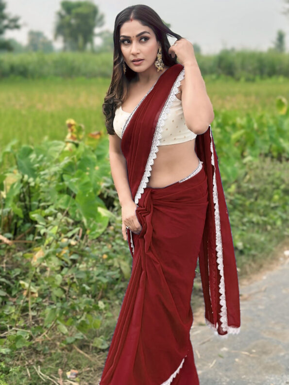 Georgette Saree with White Cotton Lace and Fancy Blouse
