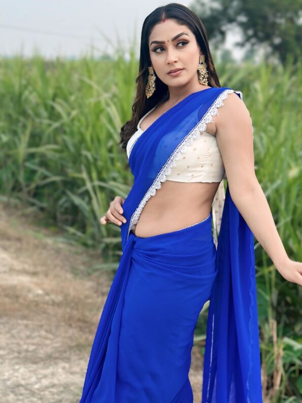 Georgette Saree with White Cotton Lace and Fancy Blouse