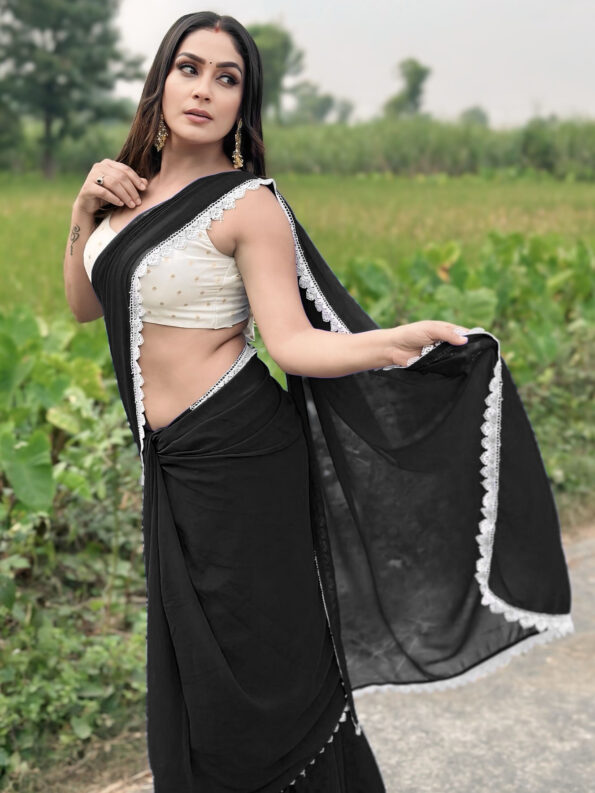 Georgette Saree with White Cotton Lace and Fancy Blouse