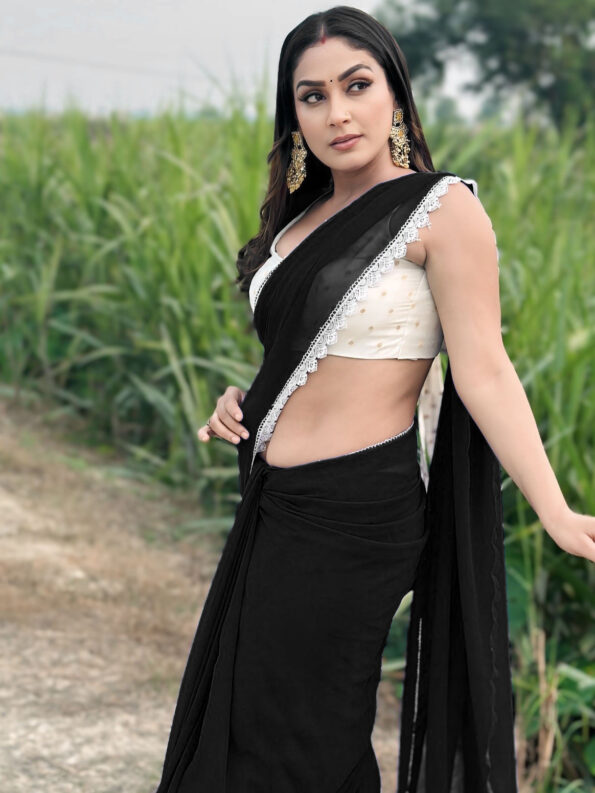 Georgette Saree with White Cotton Lace and Fancy Blouse - Image 2