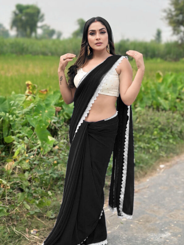 Georgette Saree with White Cotton Lace and Fancy Blouse - Image 3