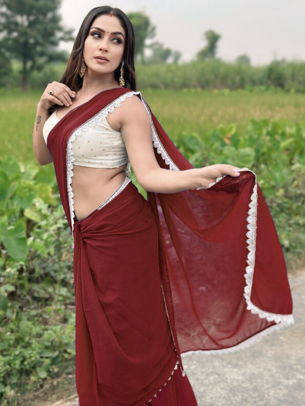 Georgette Saree with White Cotton Lace and Fancy Blouse - Image 2