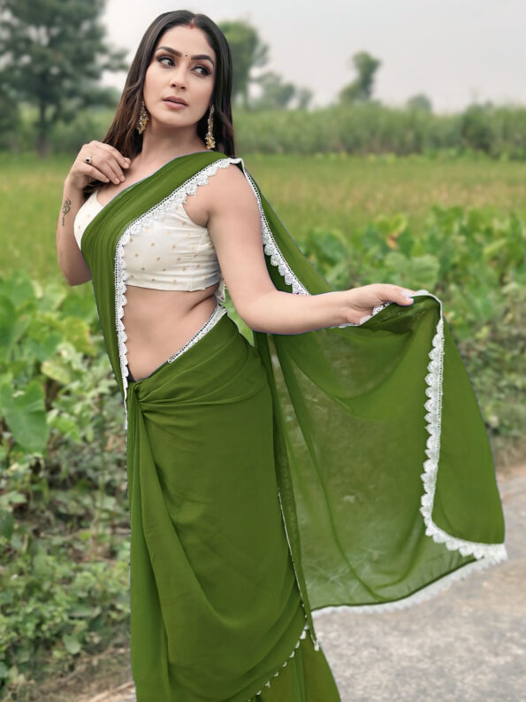 Georgette Saree with White Cotton Lace and Fancy Blouse - Image 2