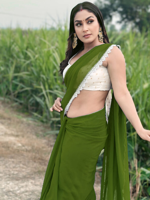 Georgette Saree with White Cotton Lace and Fancy Blouse - Image 3
