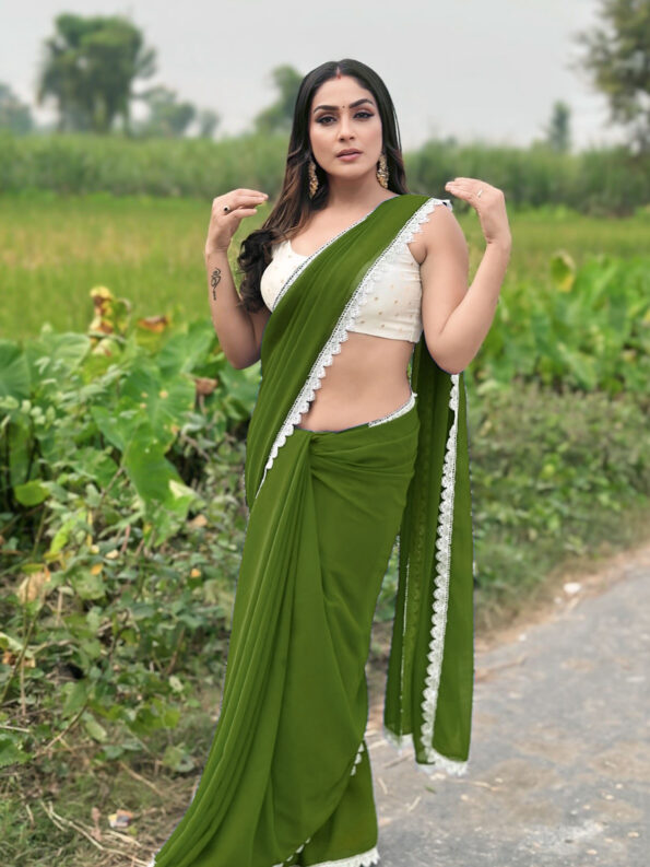 Georgette Saree with White Cotton Lace and Fancy Blouse - Image 4