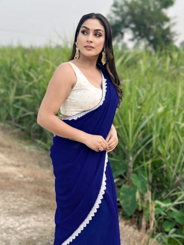 Georgette Saree with White Cotton Lace and Fancy Blouse - Image 2