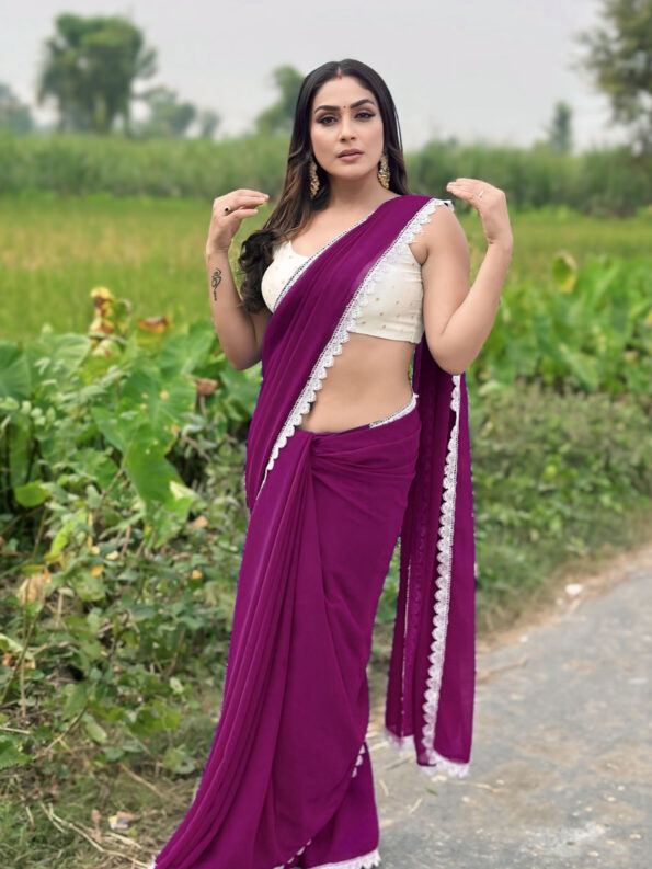 Georgette Saree with White Cotton Lace and Fancy Blouse - Image 2